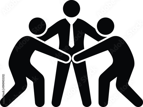 Business teamwork cooperation icon with leader and partners joining hands, collaboration partnership concept, corporate team unity vector illustration