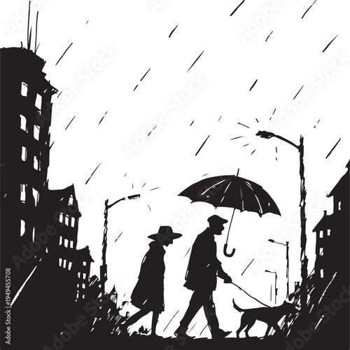 A serene moment of companionship under rainy city skies with an umbrella