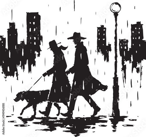 Two individuals walking their dogs through a rainy urban landscape at night.