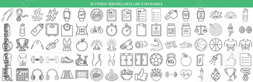 85 Fitness and Wellness Line Icon Bundle, Gym, Healthy Lifestyle, and Nutrition Vector Symbols