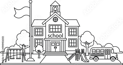 A black and white illustration of a school building with a bus