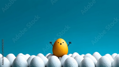 A vibrant yellow textured egg with a cheerful cartoon face and stick arms joyfully stands out above a large crowd of plain white eggs against a bright teal blue background with soft studio lighting co