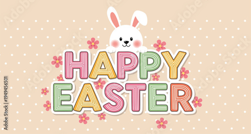Canvas Print Happy easter celebration with bunny and colorful text on pastel background