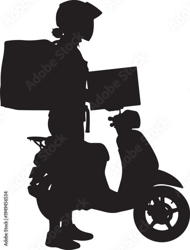 Delivery person riding scooter with large packages and child passenger