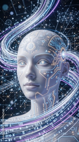 Vertical portrait of a futuristic humanoid ai robot face with glowing circuit patterns. Artificial intelligence and machine learning concept with swirling binary code and digital data streams