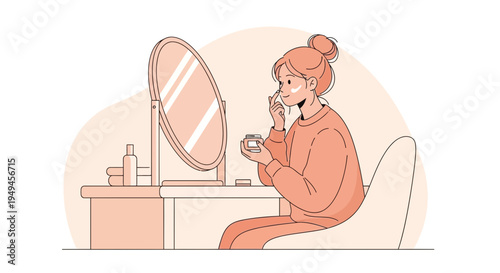 Woman applying face cream in front of mirror, skincare routine, self-care, beauty, morning ritual