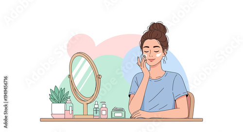 Woman applying face cream in front of mirror, skincare routine, beauty, self-care