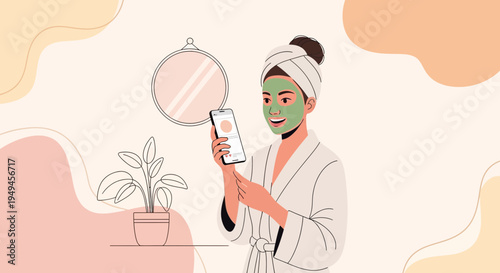Woman applying face mask and using smartphone in a spa-like setting