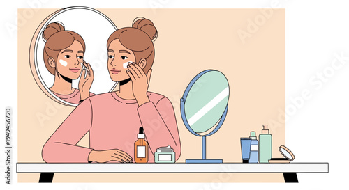 Woman applying face cream in front of mirror, skincare routine, beauty, self-care