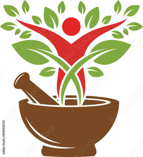 Natural herbal medicine logo with human figure, green leaves, and mortar and pestle.