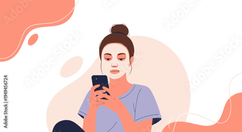 Woman applying face mask and using smartphone, self-care and relaxation at home