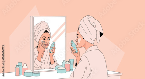 Woman applying face cream in front of mirror, skincare routine, beauty, self-care