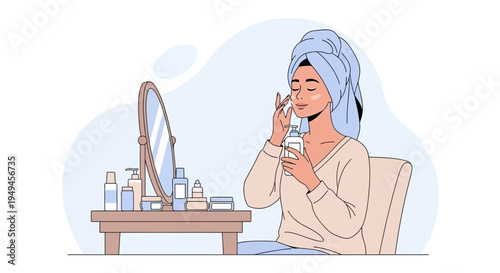 Woman applying face cream in front of mirror, skincare routine, beauty, self-care