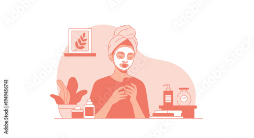Woman applying face mask and using smartphone, self-care routine, beauty treatment at home
