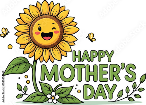 Cute winking sunflower for Happy Mother's Day, bright floral cartoon greeting vector.