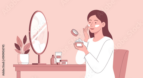 Woman applying face cream in front of mirror, skincare routine, beauty, self-care