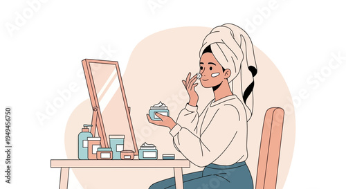 Woman applying face cream in front of mirror, skincare routine, self-care, beauty concept