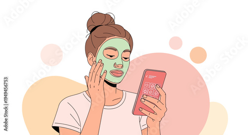 Woman applying face mask while looking at smartphone, self-care routine, beauty treatment