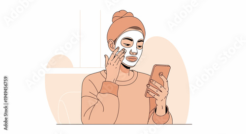 Woman applying face mask while using smartphone, self-care routine, beauty treatment, relaxation