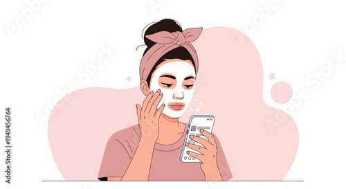 Woman applying face mask while using smartphone, skincare routine, self-care, beauty, relaxation