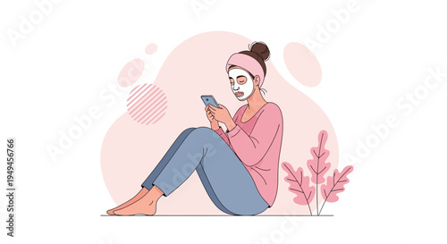 Woman applying face mask, relaxing while using smartphone, self-care routine