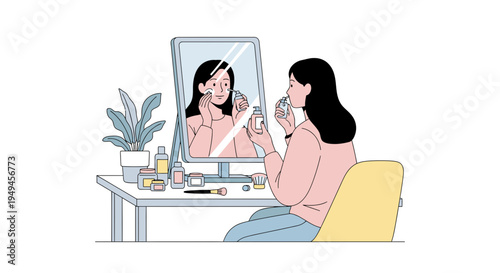 Woman applying makeup in front of mirror, beauty routine, self-care, dressing table with cosmetics