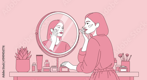 Woman applying makeup in mirror, beauty routine, self-care, pink aesthetic