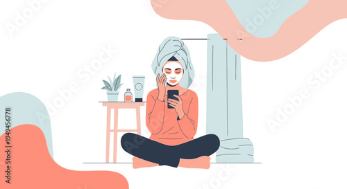 Woman applying face mask while using smartphone, self-care routine at home