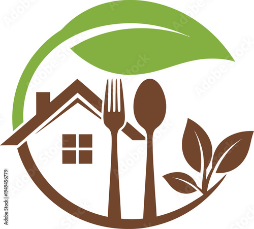 Healthy home cooking logo with house silhouette, green leaf, and cutlery symbols.