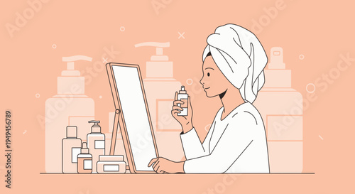 Woman applying skincare product in front of mirror with beauty bottles background