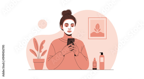 Woman applying facial mask and using smartphone at home, self-care routine