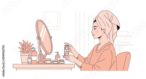 Woman applying skincare product in front of mirror, morning routine, self-care, beauty