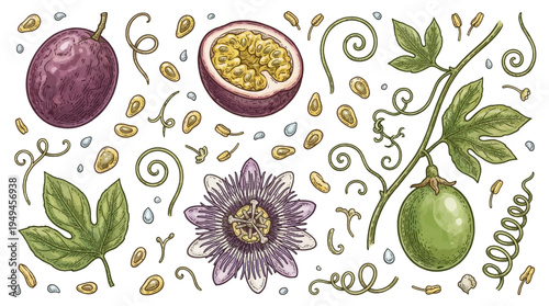 Vintage Botanical Illustration of Passion Fruit Collection with Passionflower, Whole and Half Cut Exotic Fruit, Green Leaves, and Seeds Isolated on White Background Vector