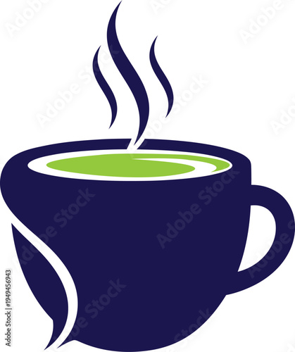 Green tea cup logo template with steam and leaf element, herbal beverage branding vector.