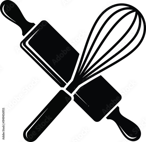 Baking and pastry tools icon with crossed rolling pin and wire whisk, kitchen utensils silhouette.