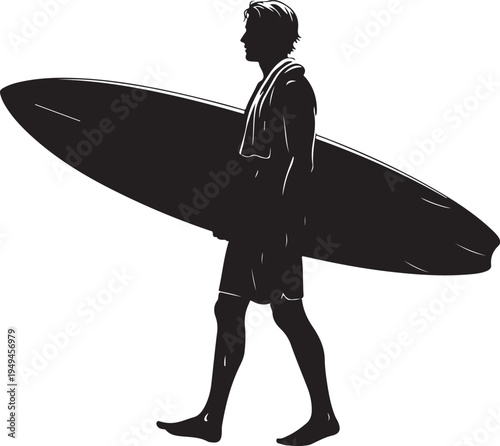 Silhouette of a surfer carrying a surfboard towards the beach