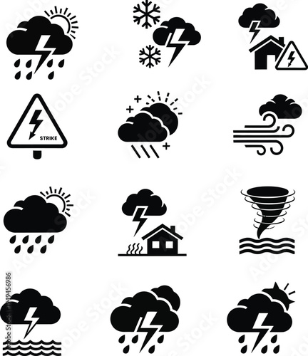 Severe weather conditions vector icon set, storm, tornado, and lightning symbols on white background.