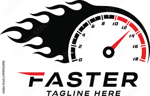 Faster racing logo with flaming speedometer, high speed and performance concept vector.