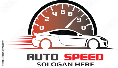 Auto speed car logo with speedometer background, fast sports car racing concept vector.