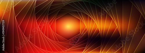 An abstract vector background banner with a central, glowing hexagon and intricate, twisting geometric line patterns that create a vortex or tunnel effect against a dark-to-warm gradient backdrop.