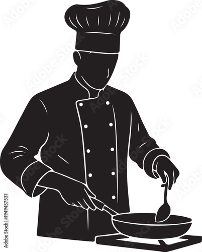 A chef skillfully stirring food in a pan with professional kitchen attire.