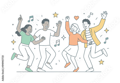 An energetic community celebration scene where diverse people dance and jump together to express happiness and positive connection, expressed through a simple visual metaphor of