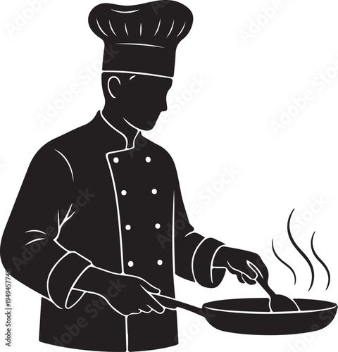 Skilled chef preparing a dish in a professional kitchen setting with a sizzling pan.
