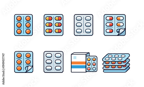 Medicine blister pack packaging: pill blister pack, capsule blister strip, tablet blister card, empty blister tray, blister pack with single pill popped, blister pack with foil