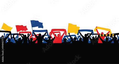 Crowd Of People Waving Flags In Celebration For Protest Or Sports Event Concepts on transparent background