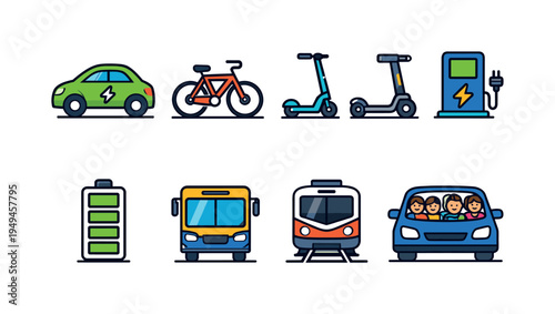 Eco friendly transport: electric car, bicycle, electric scooter, charging plug station, battery level indicator, bus, train front view, carpool vehicle with people