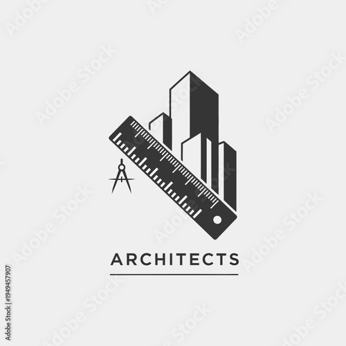 Architects City Skyline Building and Drafting Tools Logo on Isolated White Background