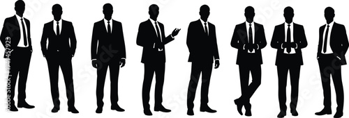 Businessman silhouettes collection, corporate executive standing poses, professional office men characters vector illustration set