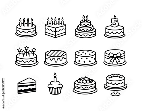 Birthday cake variations: round birthday cake with candles, square birthday cake, tiered birthday cake, cake with number candle, cake with star candles, cake with striped icing