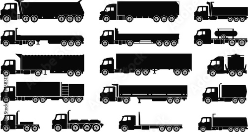 Heavy truck silhouette collection, cargo transport logistics vehicle vector illustration isolated industrial delivery transportation concept